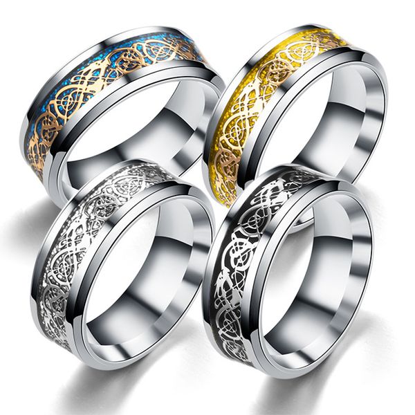 Мода Мужские кольца Черный синий Золотой Dragon Inlay Comfort Fit Fit Кольцо из нержавеющей стали для мужчин Женщины Свадебные украшения 8 мм