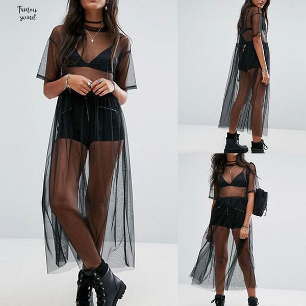 

t shirt women black gauze mesh sheer petal sleeve long shirts casual loose t shirts transparent, White