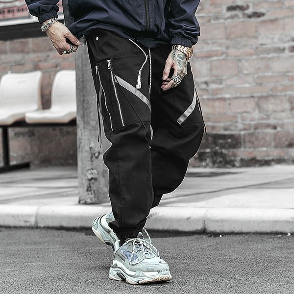 

cotton ribbons men's harem pants 2019 new hip hop casual male tatical joggers trousers zipper large pocket design pants elastic, Black
