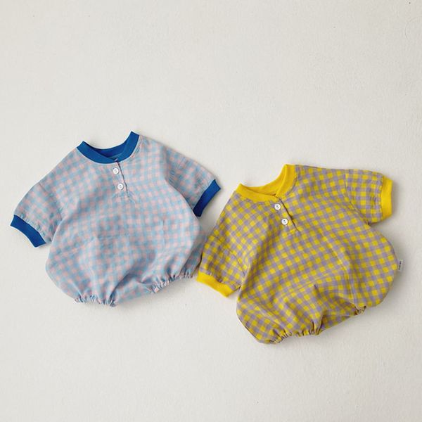 

2020 summer infants' plaid short-sleeve bodysuits, Blue