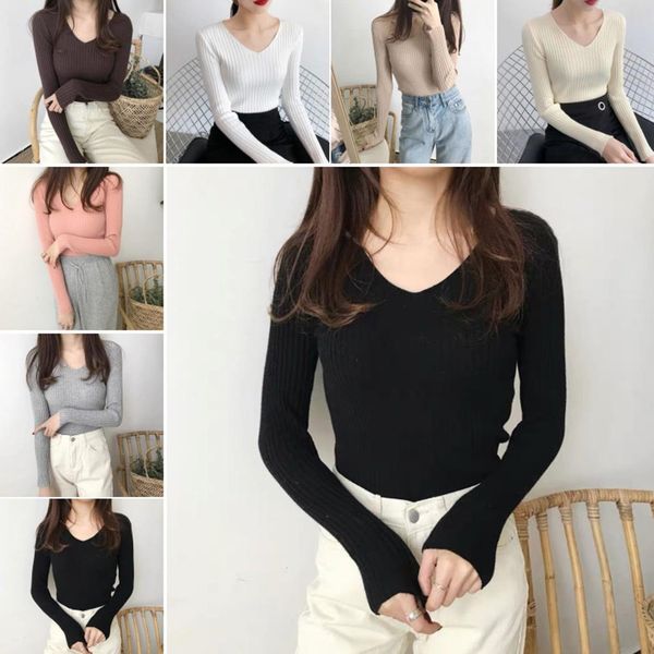

2020 women autumn winter long sleeve v neck knitted sweater pullover v neck slim knitted sweater pullover slim fashion, White;black