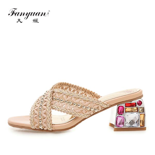 

fanyuan fashion air mesh shallow slippers simple crystal color high heels summer versatile outside slides women shoes, Black