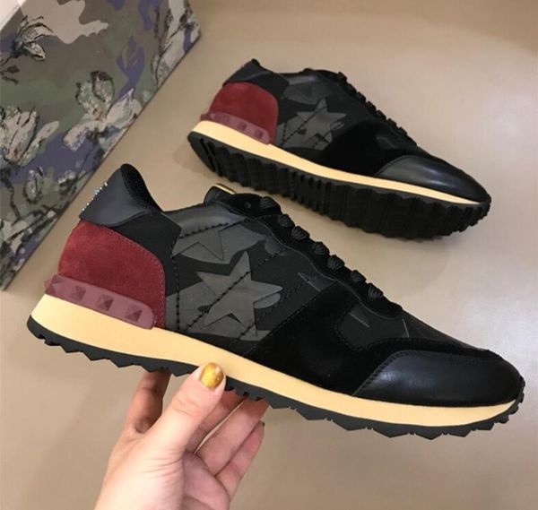 

classic women's camouflage genuine leather running shoes men rivet fashion sports leisure running shoes stars pattern sneakers, Black
