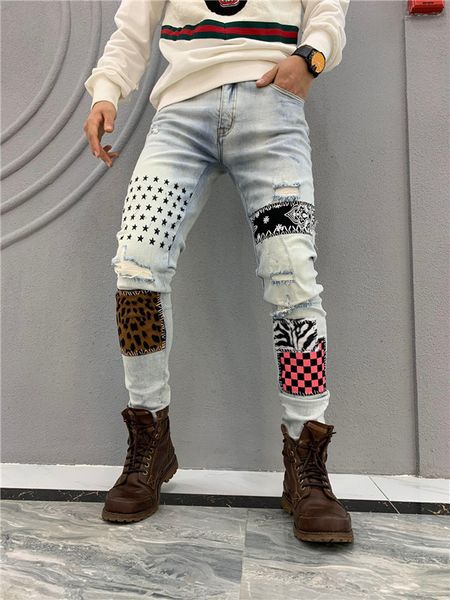 

2020 new slim men's letter printed black jeans fashion designer slim low waist motorcycle jeans hip hop pants fashion retro2, Blue