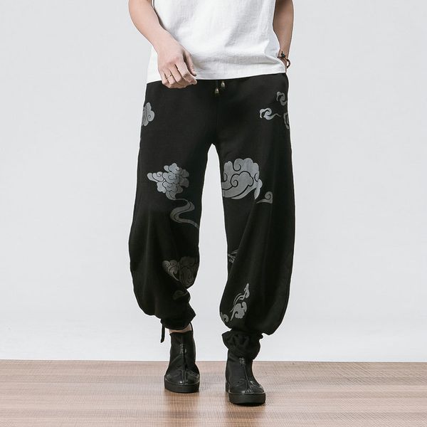 

mens joggers pants casual cloud printed streetwear harem pants male plus size sweatpants pencil harajuku trousers male, Black