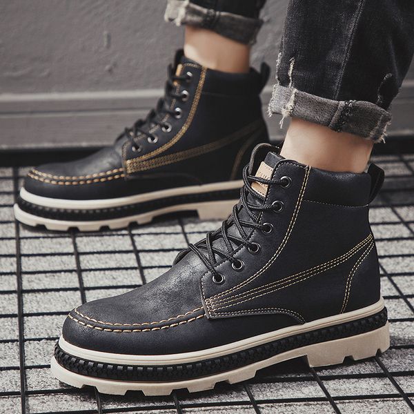 

heflashor boots high-men british wind short boots tide shoes tooling leather snow men's shoes dropship, Black