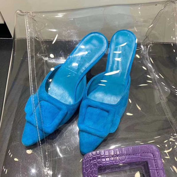 

women summer slippers 2020 design square buckle decor women high heels pumps runway outdoor flock slids slippers, Black