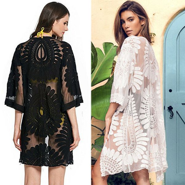 

sarongs swimwear 2021 women beach cover up embroidery half sleeve chiffon kimono cardigan cover-ups black white wear, Blue;gray