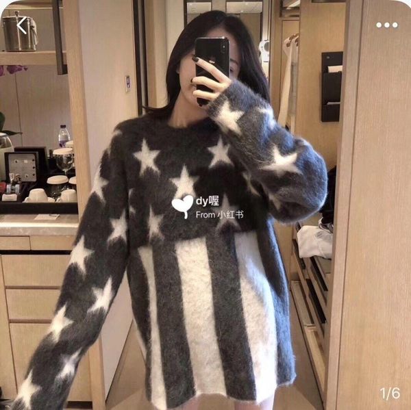 

korean wholesale edition women clothes medium women sweater splice star printing brand jumper sweaters new fashion loose women, White;black