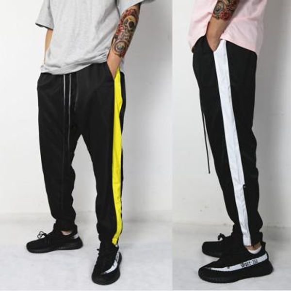 

mens casual pants youth retro three bars wild side open zipper loose sports casual trendy men's high street pants, Black