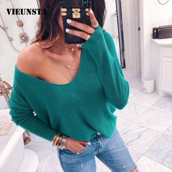 

vieunsta v-neck off shoulder sweater women 2018 casual long sleeve ribbed solid pullover female autumn winter knitted, White;black