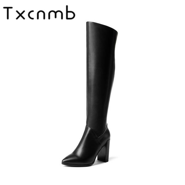 

txcnmb 2019 boots women kenn high boots for women winter genuine leather high heel shoes woman size 39 40, Black