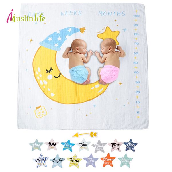 

muslinlife popular trends organic muslin cotton blanket moon star patterned baby milestone blanket 120*120cm