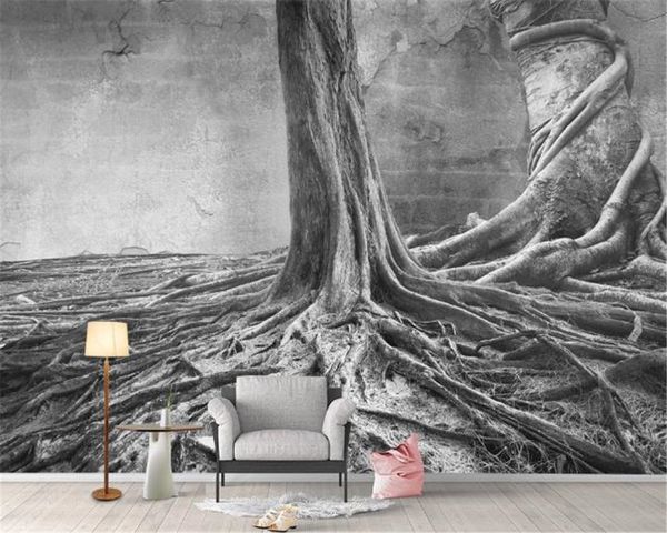 Benutzerdefinierte Vintage 3D Tapete Nordic Schwarz und Weiß Große Baum Textur Stereoskopische 3D Wohnzimmer Hintergrund Wand HD Tapete