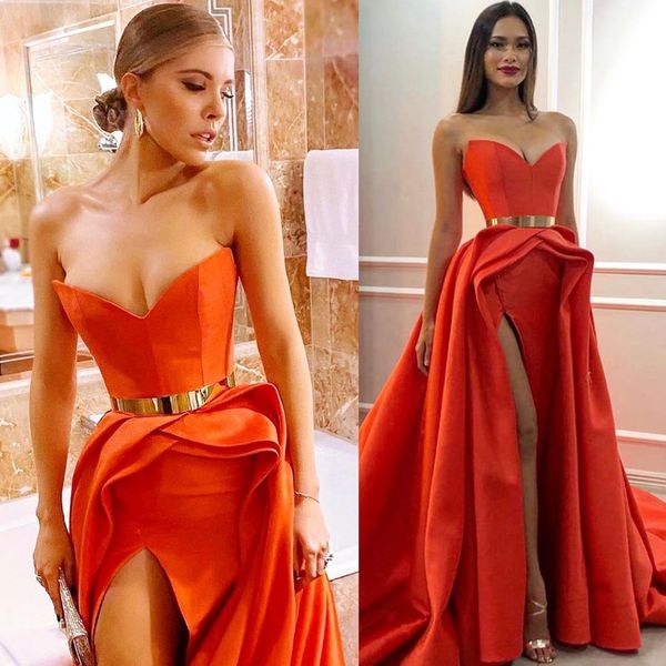 

2020 arabic aso ebi organge evening dresses high split prom dresses satin formal party second reception gowns zj053, Black;red