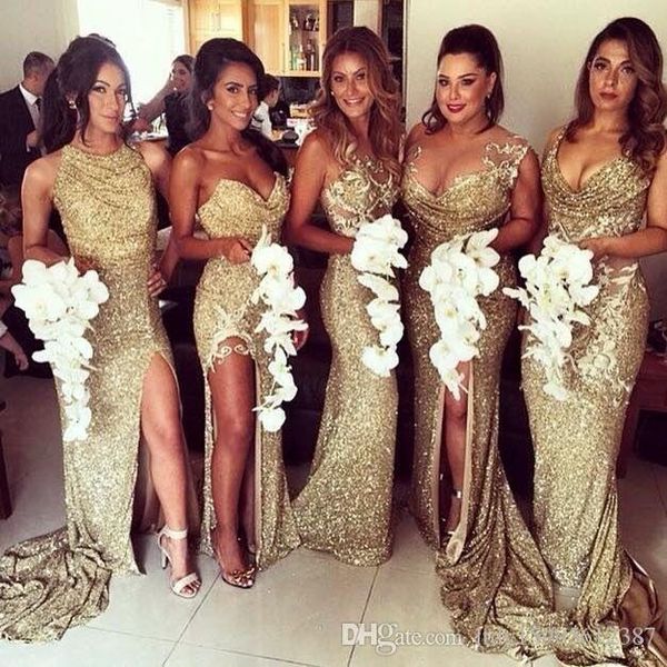 

2019 new bridesmaid dresses gold sequined split mermaid maid of honor gowns sparkly different style long bridesmaid dress 088, White;pink