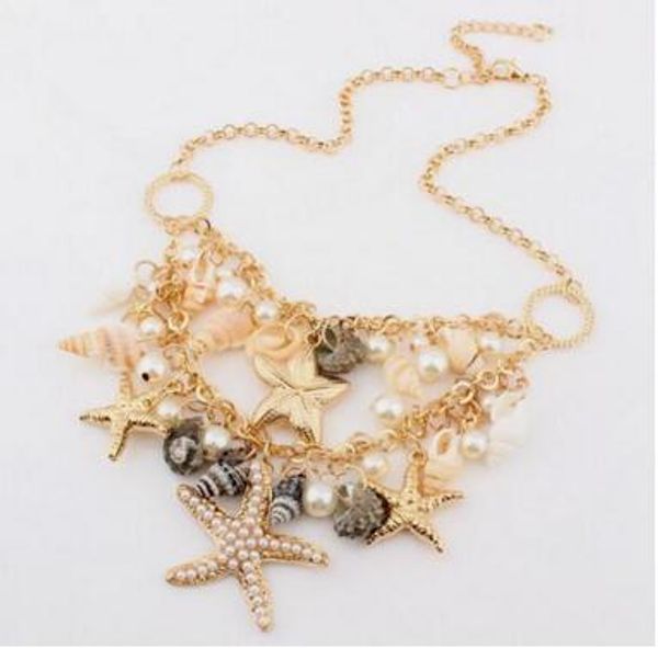 

2019 new classic designer chain layered shell starfish pearl choker bib vintage statement bib necklace fashion jewelry for women 6pcs/lot, Black