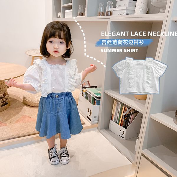 

2020 girls summer t-shirt children's short sleeve square collar lace bubble sleeve top, Blue