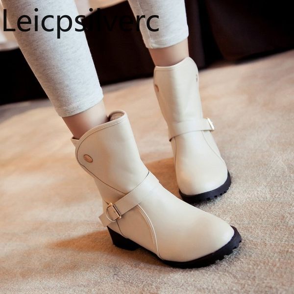 

women's boots autumn and winter new style fang he thick heel belt buckle round head women's short boots plus size 34-43, Black