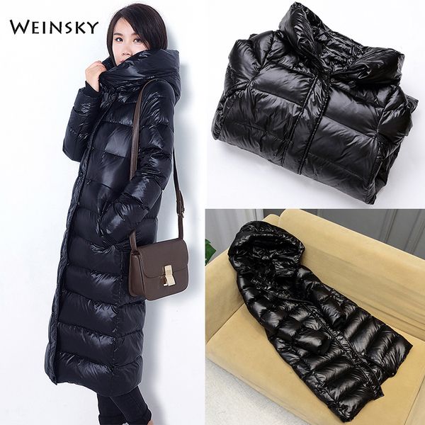 

women long down jacket hooded white duck downr jackets winter warm coats and parkas female outwear, Black