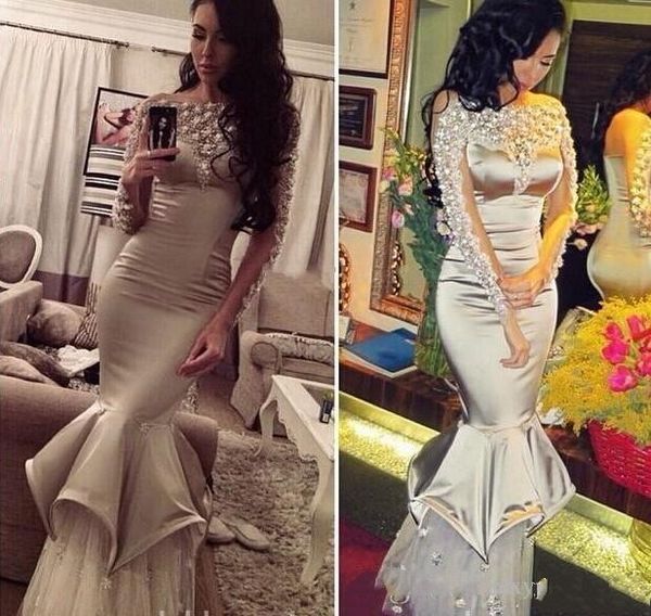 

silver crystals beaded prom dresses 2016 bateau illusion long sleeves mermaid evening gowns tulle floor length formal party wear, Black