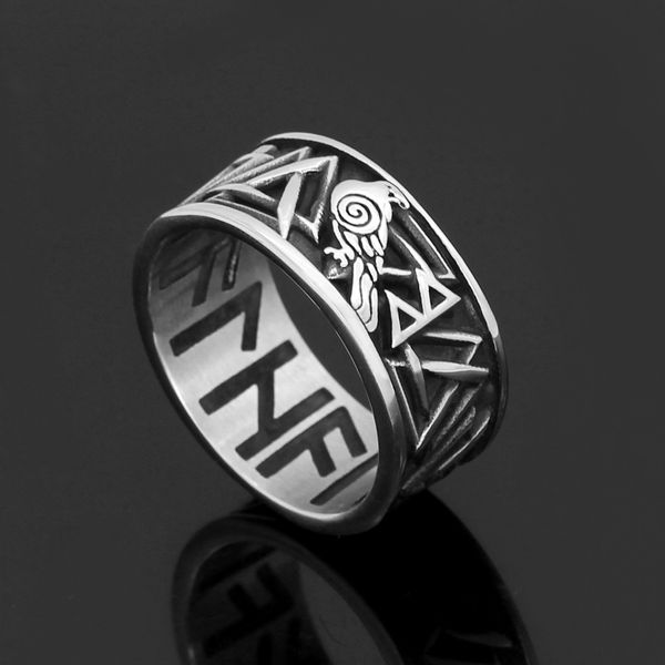 

nordic viking odin raven huginn and muninn valknut rune amulet ring stainless stee with valknut rune gift bag, Golden;silver