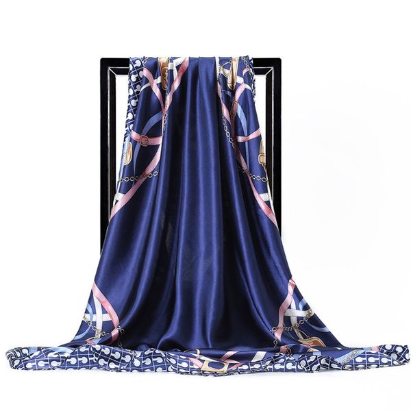 

simple muslim headscarf 90cm * 90com new simulation silk satin satin chain belt large square towel, Blue;gray