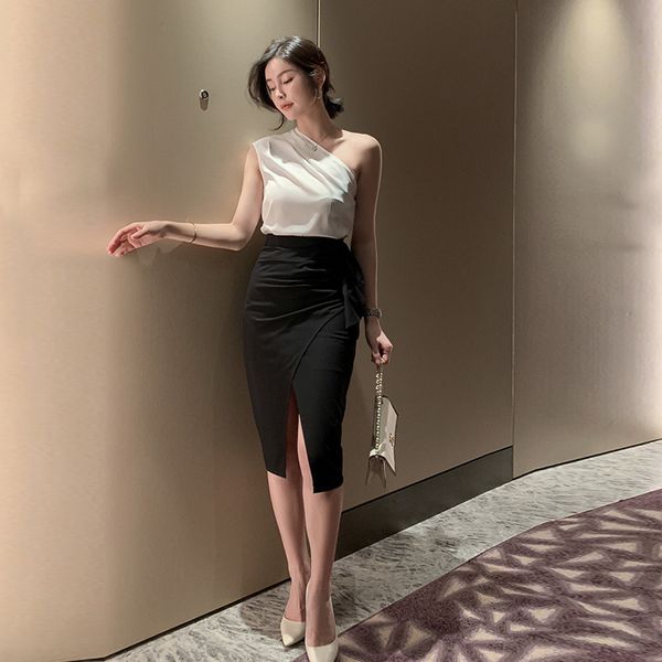 

new arrival women two-piece set off shoulder white basic shirt and black pencil skirt fashion women set