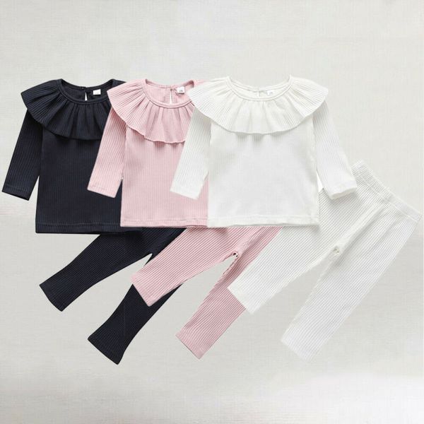 

autumn infant baby girl clothes solid color knitted ruffle t-shirt+long pants outfit solid clothes set, White