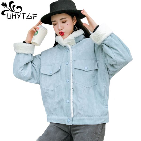 

uhytgf new oversized cotton jacket corduroy lambswool plus velvet thicken warm outerwear parker women autumn winter jacket 34, Black