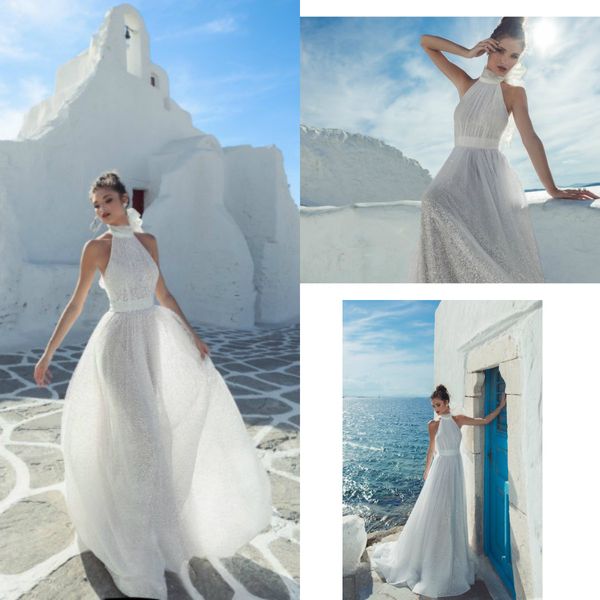 

2019 julie vino a line boho wedding dresses lace glitter halter sweep train beach wedding dress plus size bohemian bridal gowns, White