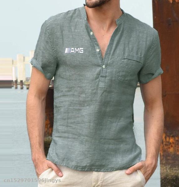 

2020 summer cotton short sleeve men's t-shirt stand collar button half-placket simple car motorcycle for amg short-sleeved shirt