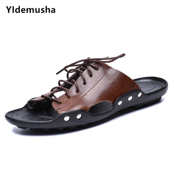 

men slippers casual flats 2020 summer man non-slip shoes breathable beach slippers split pu leather flip flops mens, Black