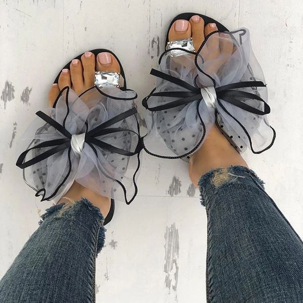 

summer bowtie slipper flats sandals platform mules casual fashion sandals beach flip flops mesh beach slides zapatos de mujer, Black