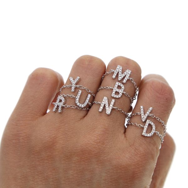 

tiny chain personalized chain alphabet rings a-z initial stones name ring charm jewelry new adjust for girl women lady, Silver