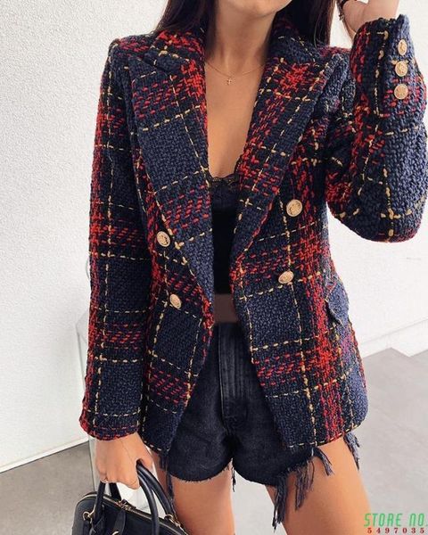 

women plaid blazer coat autumn winter long sleeve turn down collar notched collar double-breasted plaid blazer weight 880g, White;black