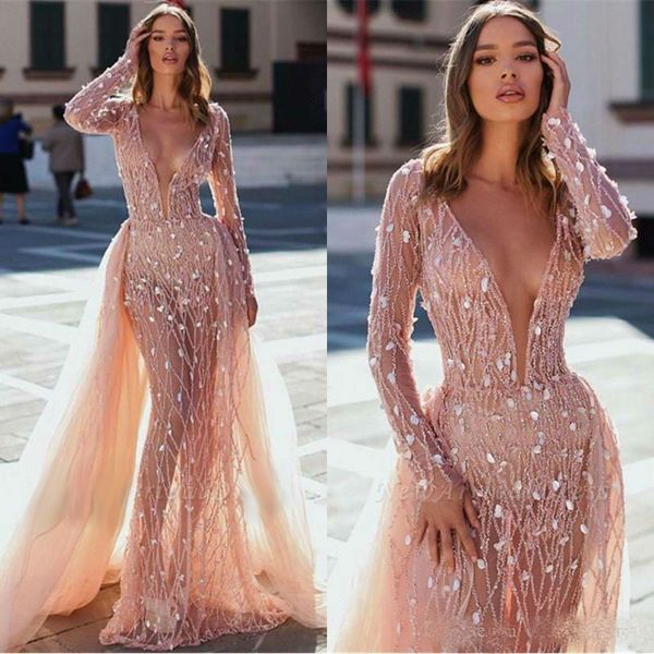 

2019 berta mermaid wedding dresses with detachable train see through deep v neck lace beaded boho beach bridal gowns custom made, White