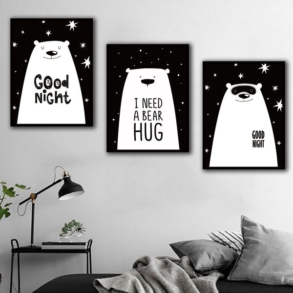 

wall art canvas paintings black and white nordic cartoon animal bear pictures prints home decor poster for living room modular