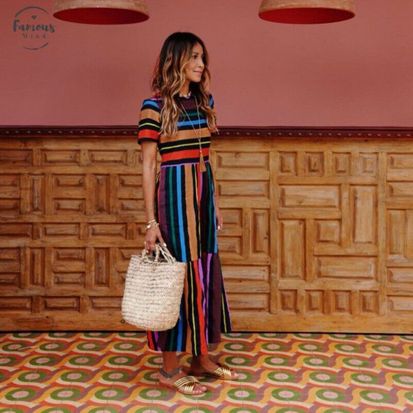 

new womens striped summer bohemian short sleeve long dress seven colorful stripes round collar splice party beach dress, Black;gray