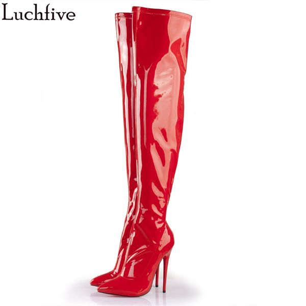 

luchfive stilettos elastic patent leather thigh high boots for women nubuck pointed toe runway long knight boots 2019 spring, Black