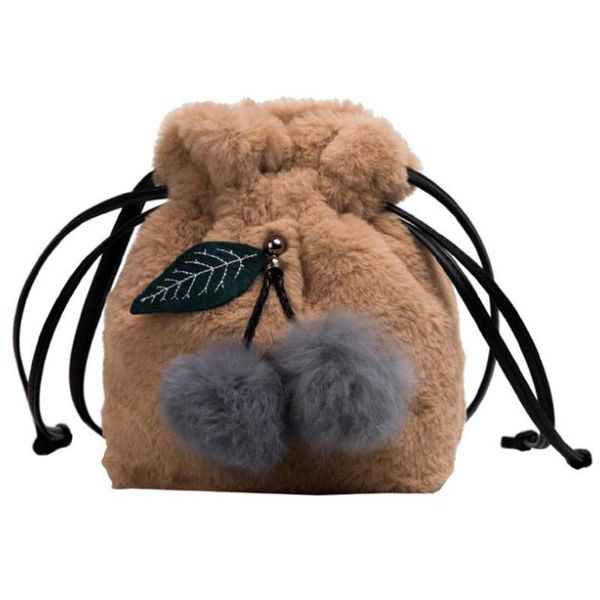 

faux fur bucket bag women mini shoulder bags cherry fleece balls drawstring cute dumplings bags for girls female crossbody pack