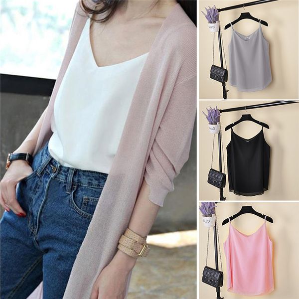 

womens fashion tank new summer sleeveless shirt v neck camis loose casual chiffon tank s 4xl vest ladies clothing, White