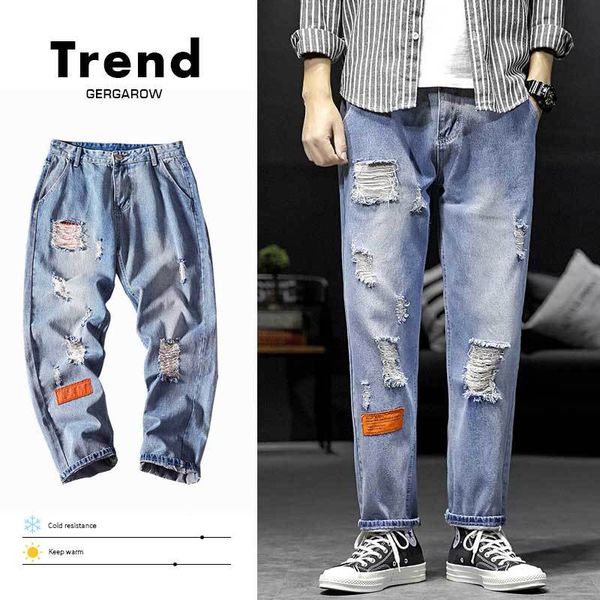 

shattered jeans men's fashion washed retro casual jean pants men streetwear wild loose hip hop denim trousers mens -5xl, Blue