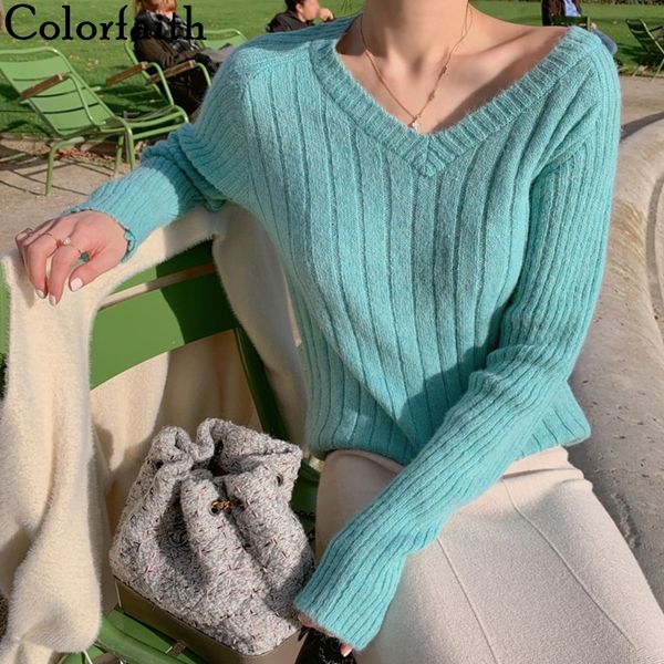

women's sweaters colorfaith 2021 autumn winter women sweater knitting loose fashionable v-neck elasticity korean style pullovers sw837, White;black