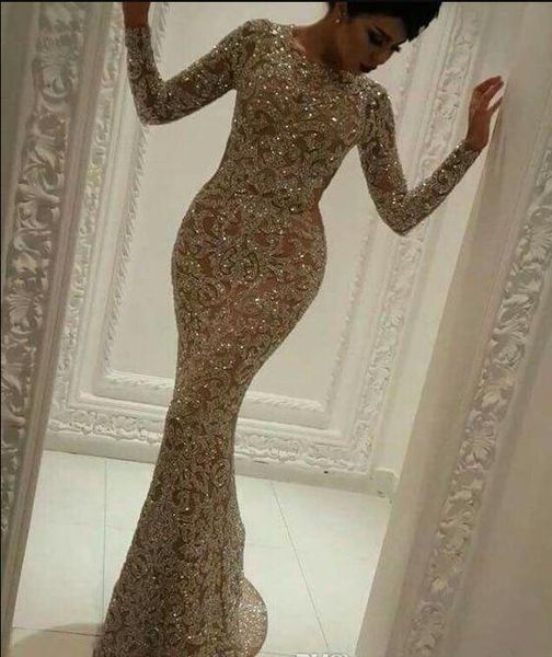 

2020 arabic full sequined prom dresses bateau neckline beads long sleeves celebrity party gowns mermaid vestidos de fiesta evening dress, Black