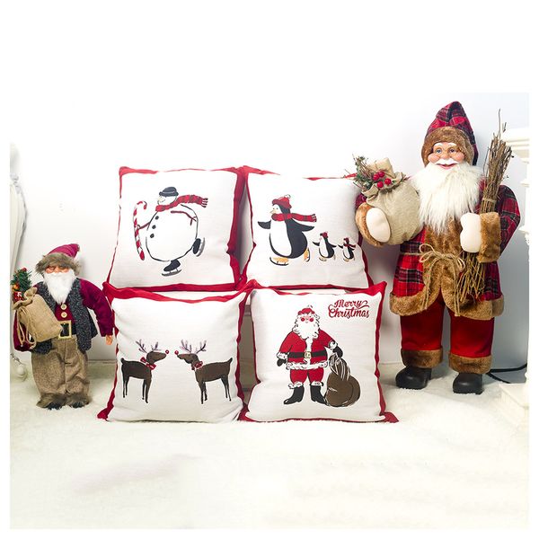 

45cm linen throw pillow case santa elk snowman penguin pattern christmas back cushion cover fabric sofa pillowslip bolster cover