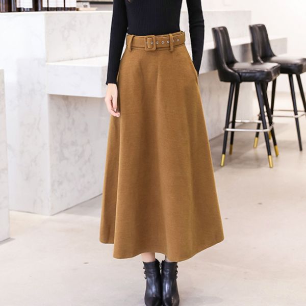 

winter women's wool maxi skirts with belt faldas mujer moda 2019 vintage woolen skirt female streetwear saia longa red ff699, Black;gray