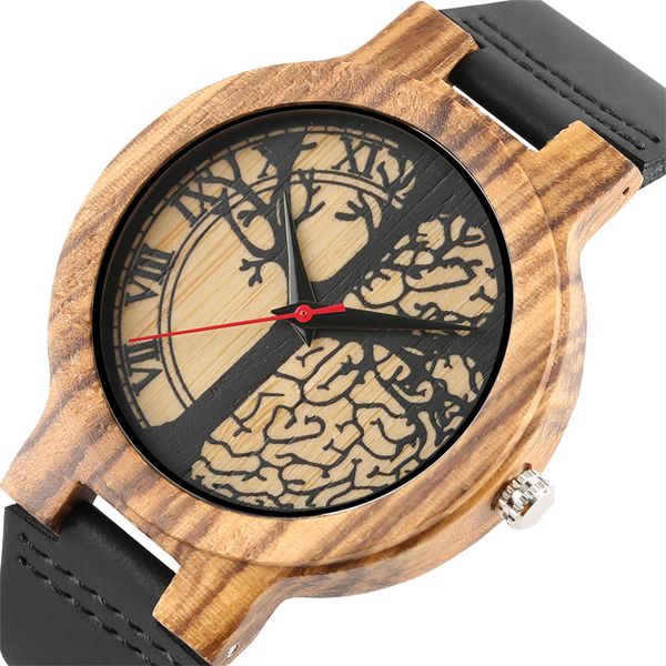 

unique painting life tree display round quartz wood watch men women genuine leather wrist watch creative wooden men's watches, Slivery;brown