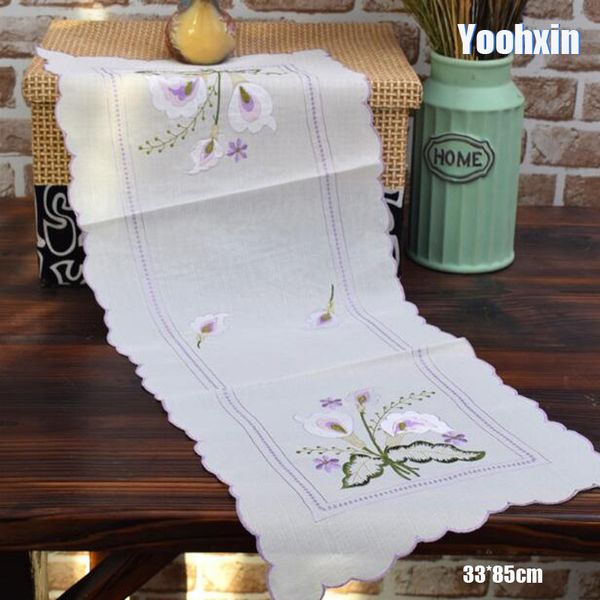 

33*85cm modern white cotton embroidery bed table runner cloth cover dining lace coffee tablecloth l home wedding decor