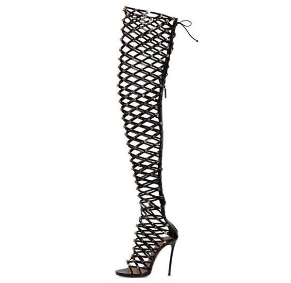 

black patent leather gold studded over the knee boot thin heels peep toe back zipper cut-out glatiator sandal boots for woman